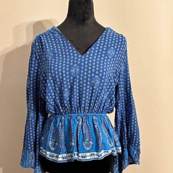 Scoop NYC Tops - Blue Peplum Blouse with Long Bell Sleeves